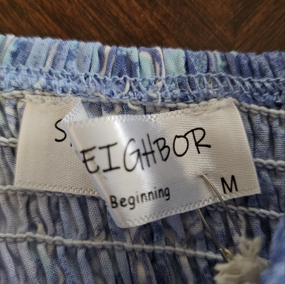 NWT - Shop Neighbor MD Blue Boho Puffy Sleeve Mini Romper - Picture 5 of 8